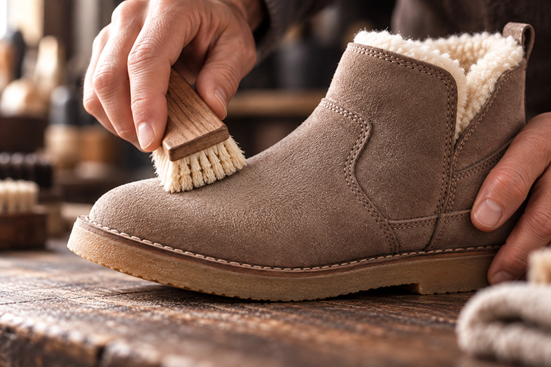 Main brossant délicatement une chaussure en nubuck et mouton retourné